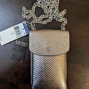 NWOT Lauren Ralph Lauren Silver Crossbody Chain Snakeskin Embossed Phone Purse